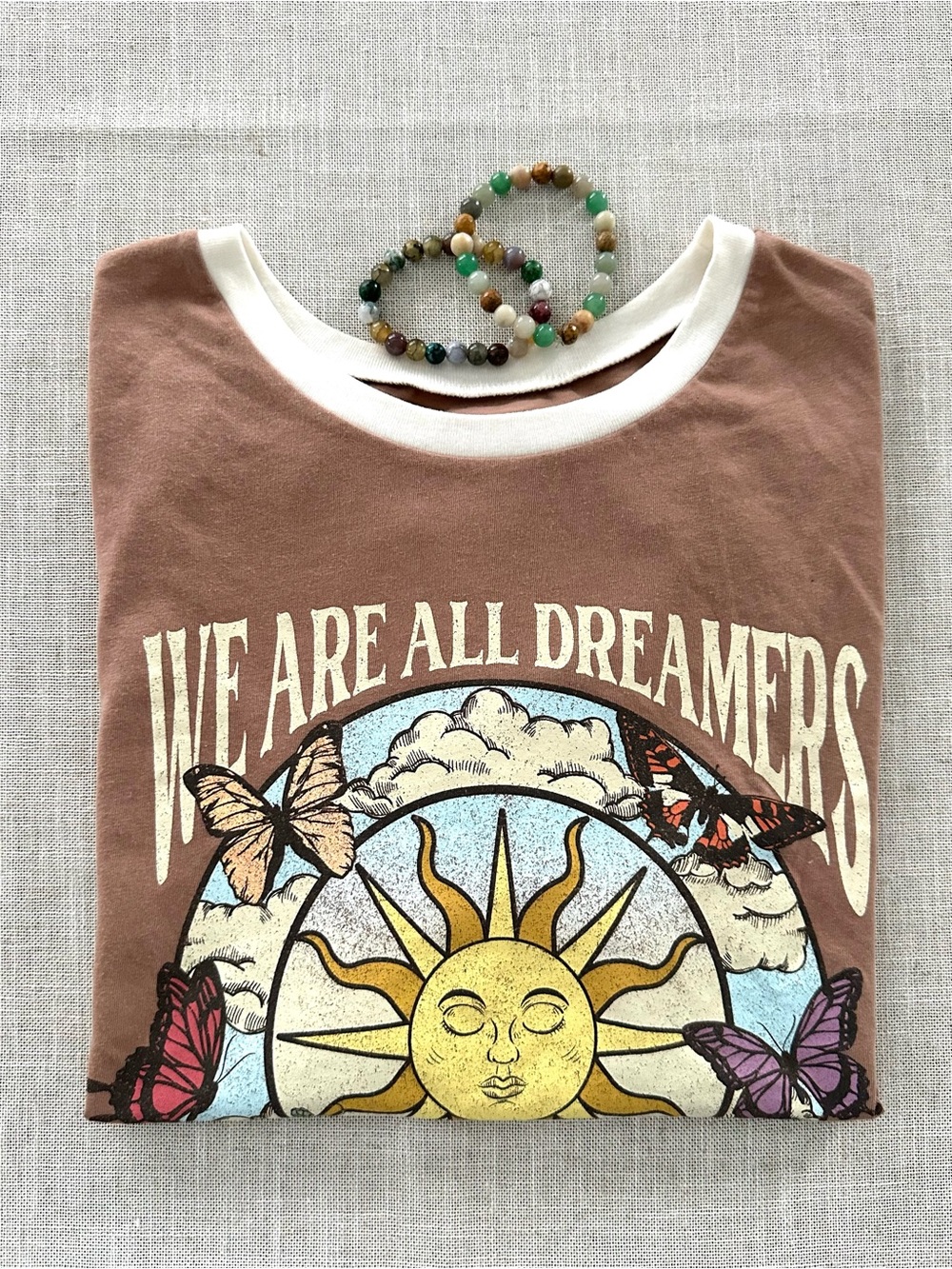 We Are All Dreamers Gold Rush Graphic Ringer Tee Boho Mushroom Butterfly XL